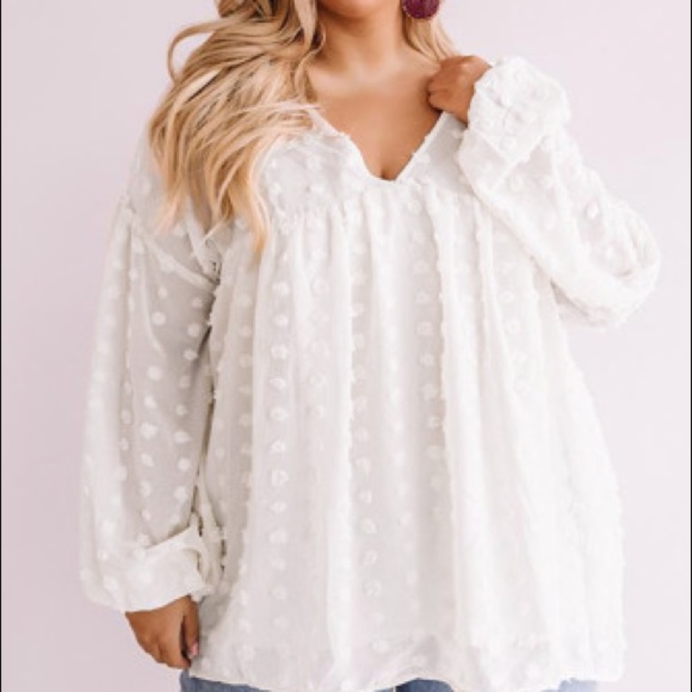White V Neck Lantern Sleeve Swiss Dot Plus